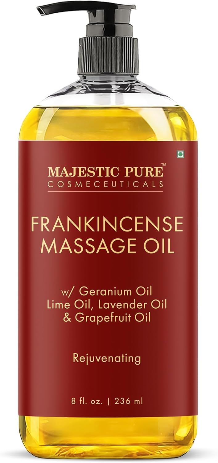MAJESTIC PURE Frankincense Scar & Stretch Massage Oil for Massage Therapy- Refreshing and Relaxing- Natural Oils with Frankincense Essential Oil- All Skin Types- Men and Women Massage Lotion- 8 fl oz