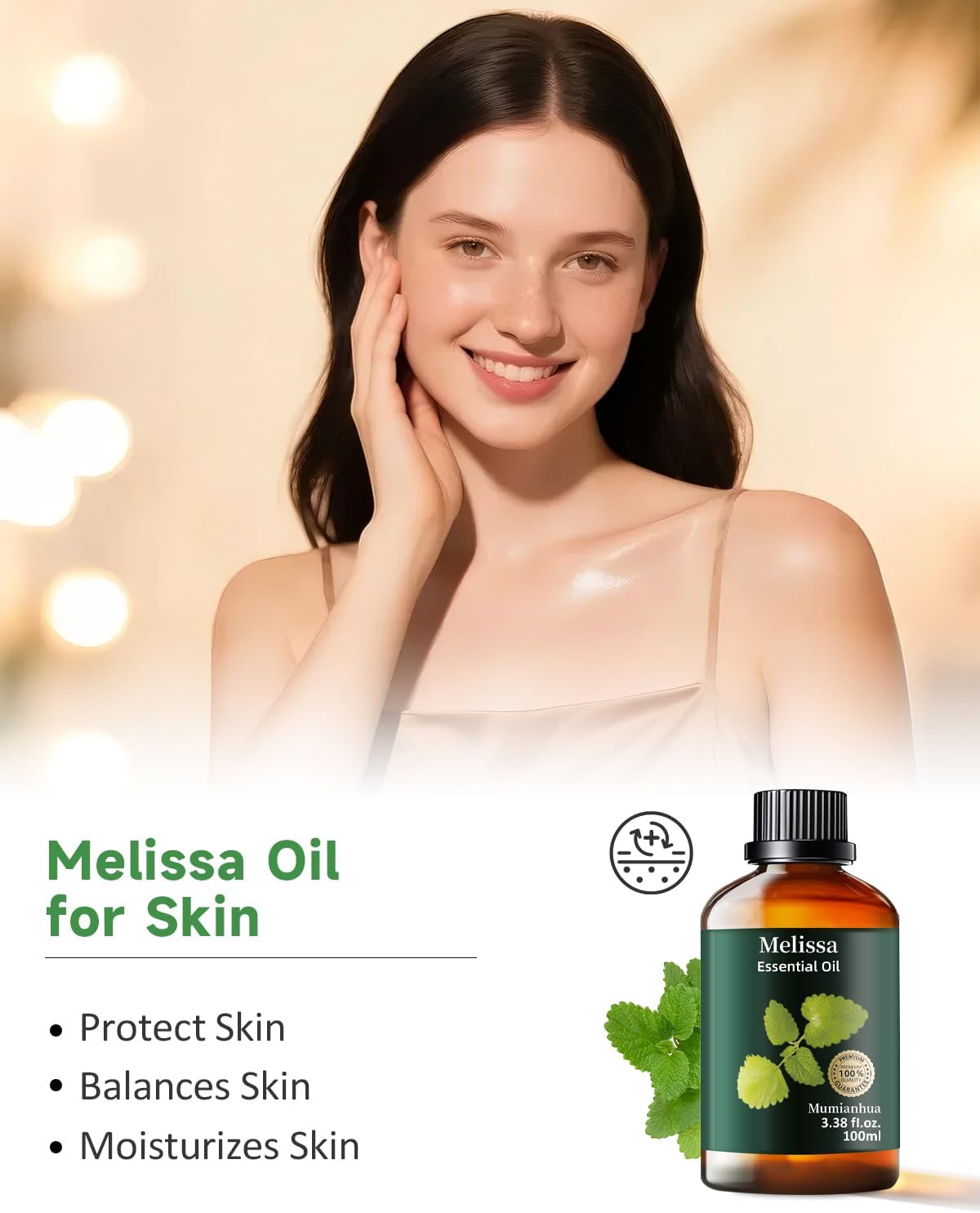 Melissa Essential Oil, Pure Melissa Oil Mumianhua Lemon Balm Oil, Uplifting Citrus-Herb Scent for Diffuser, Skin, Hair & Personal Care, 3.38 Fl Oz