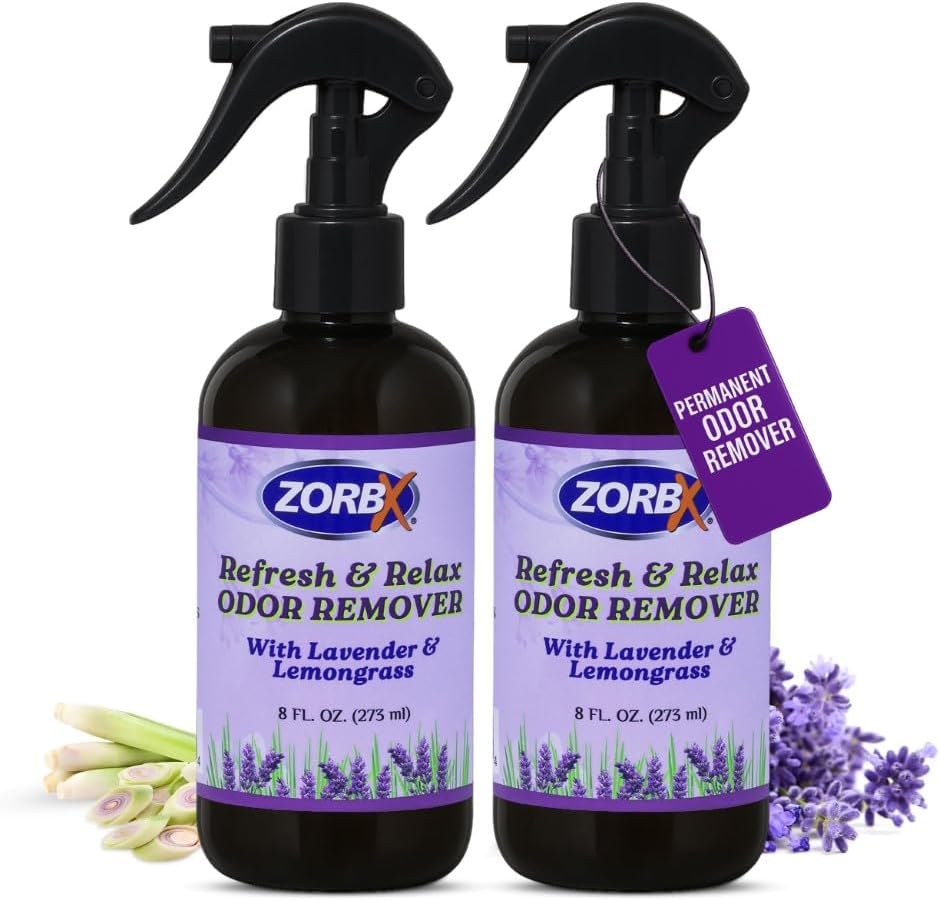 ZORBX Refresh & Relax Odor Remover Spray with Lavender & Lemongrass 8 Oz (Pack of 2) – Permanent Solution Room Freshener & Air Freshener Spray for Home, Bathroom, Furniture, Carpet, Car, Gym & Laundry