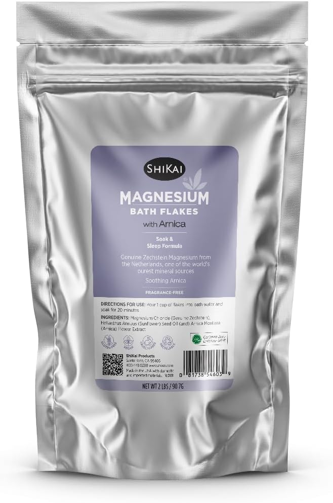 ShiKai Magnesium Bath Flakes with Arnica (32 oz) | Bath Salt Soak for Muscle Relief | Fragrance Free