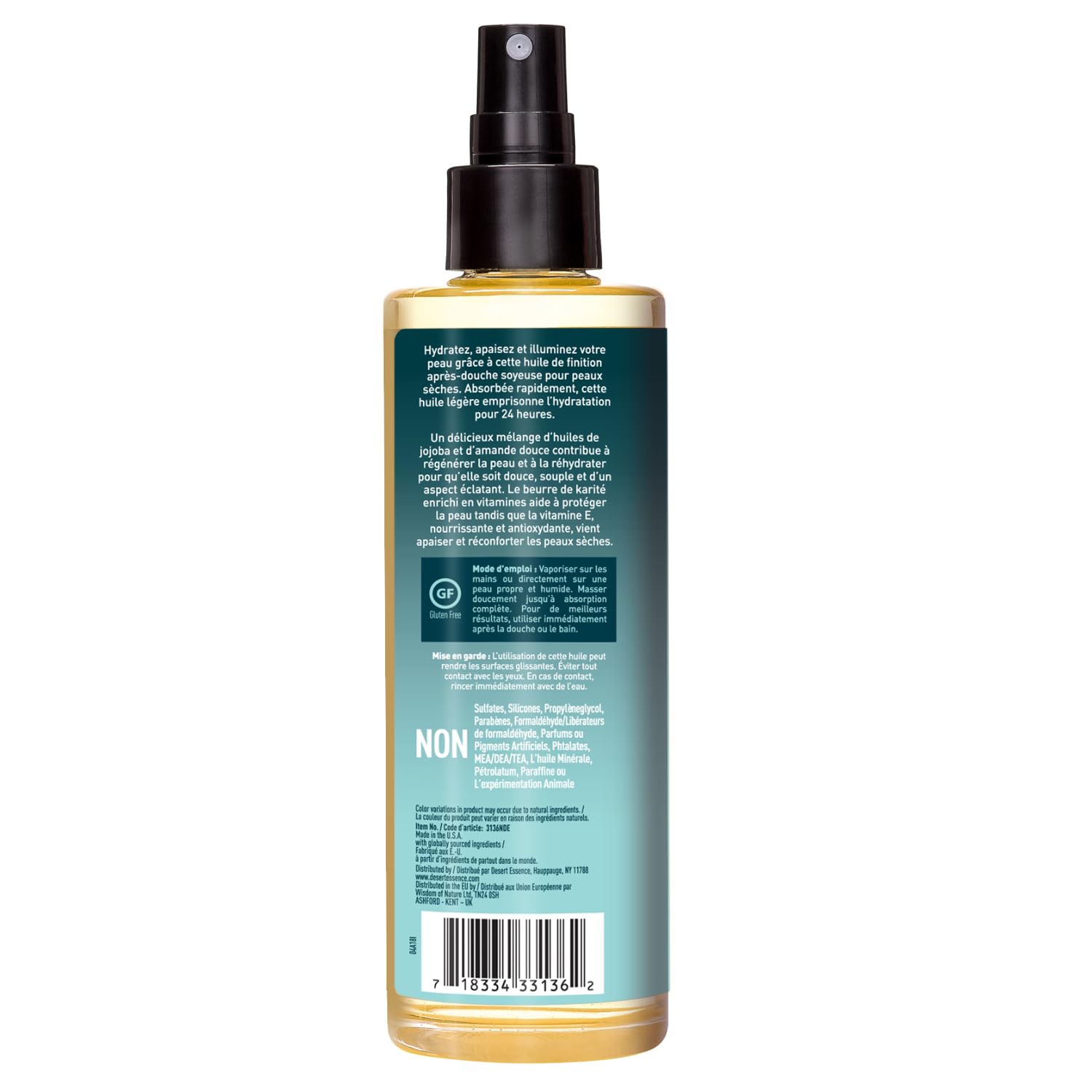 Desert Essence, Jojoba & Sweet Almond Body Oil Spray, 8.28 fl. oz. - Gluten-Free, Vegan, Cruelty Free - 24hour Moisture, Soothes Skin, Perfect for Sensitive Skin, Illuminating Body Spray