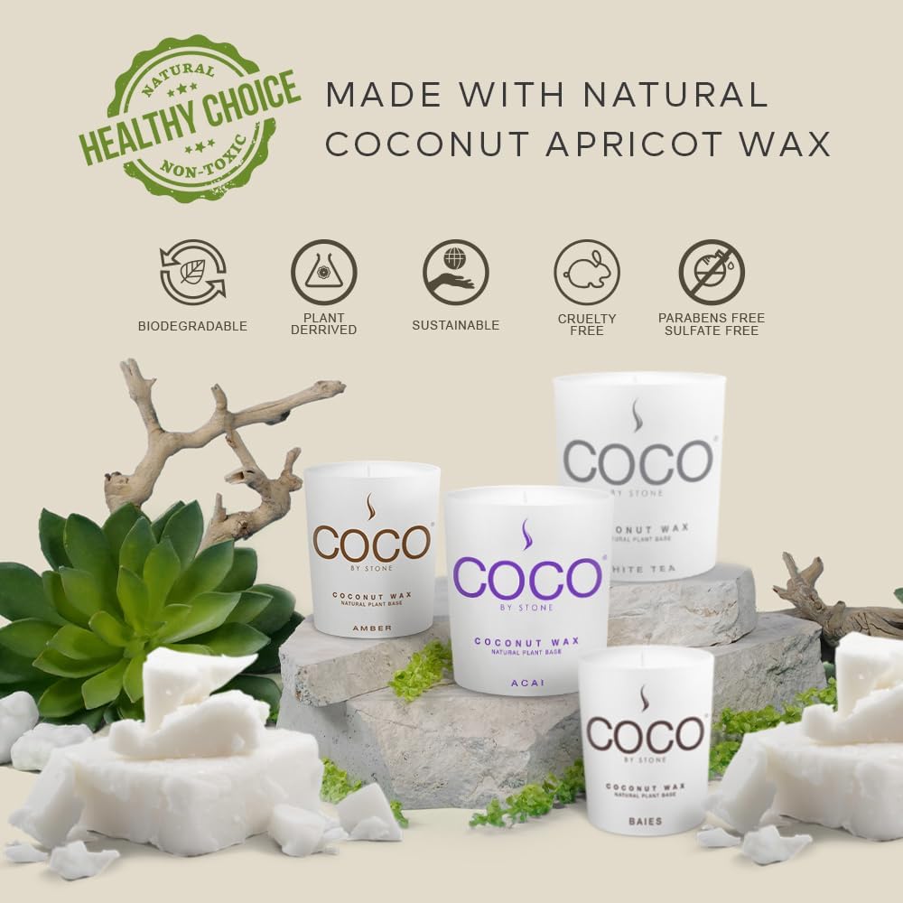 COCO by Stone 11oz Candle, Coconut Apricot Wax Candle for Home (Baies) Home Fragrance Products, 1 Wick Candle, Enhance Indoor Aroma, Vegan & Cruelty-Free, Clean Burning and Hand Poured Candle
