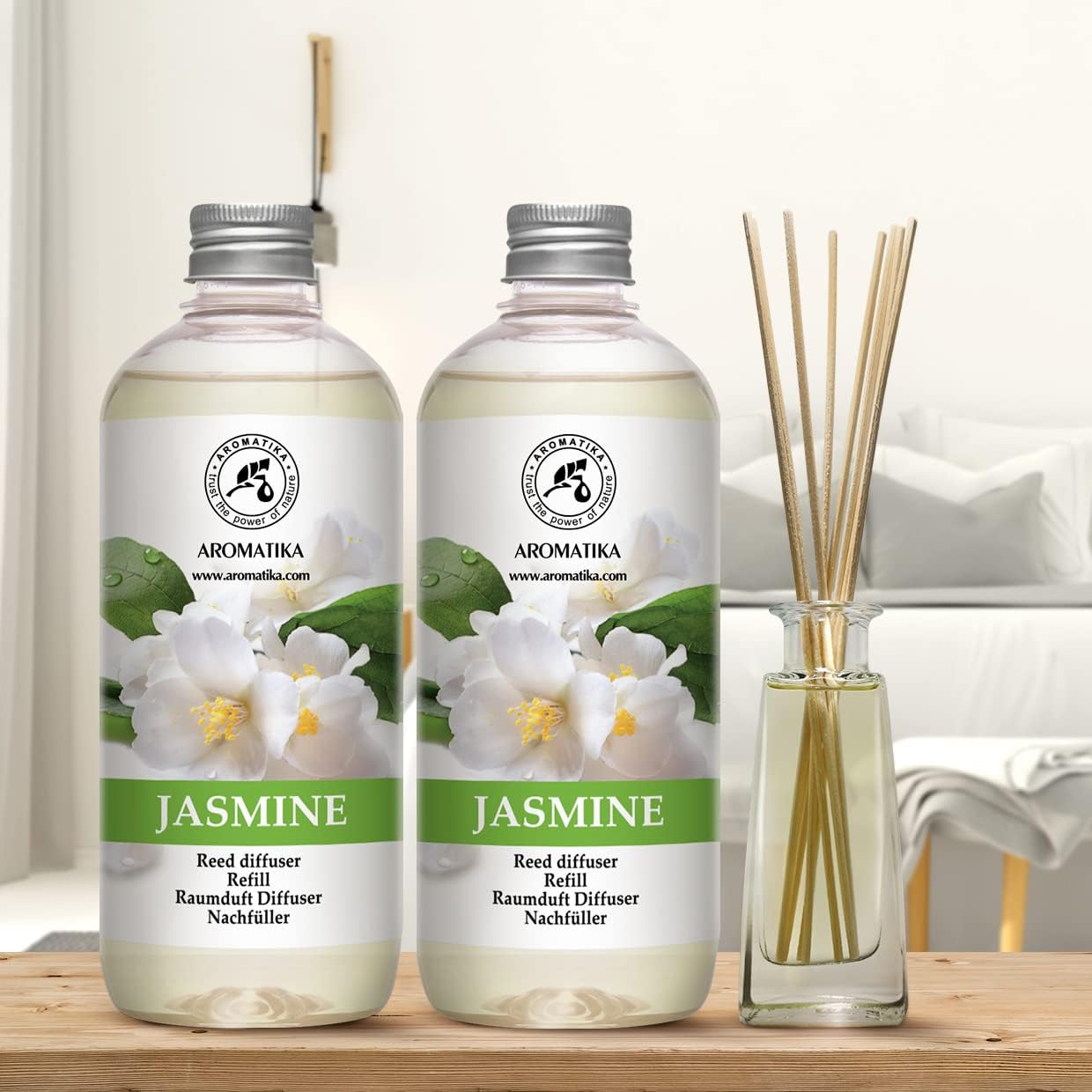 Reed Diffuser Refill With Jasmine Essential Oil 34 Fl Oz - 2x500ml - Fragrance Oil - Room Freshener - Floral Fragrance - Fresh and Long Lasting