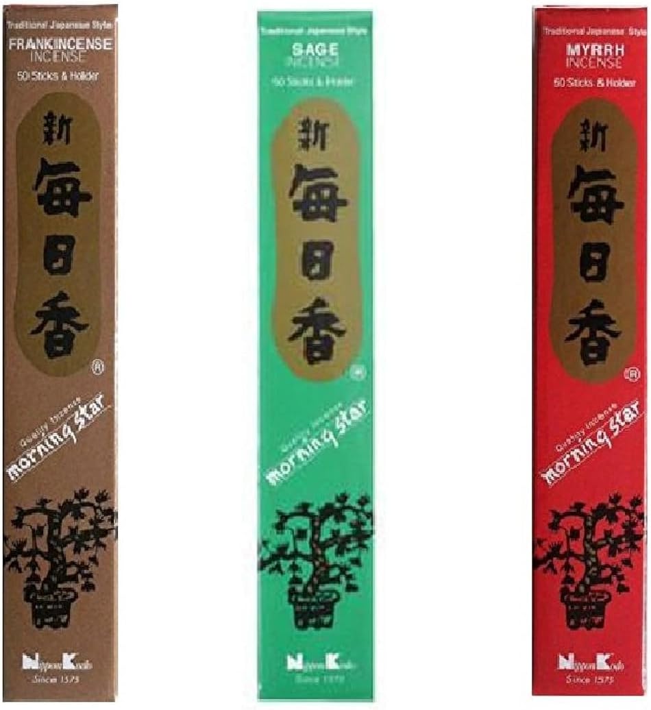 nippon kodo Morning Star Incense Bundle of 3 x 50 Sticks Boxes (Frankincense, Sage, Myrrh) - Premium Incense Sticks from Japan, #98834, #98836, #98835
