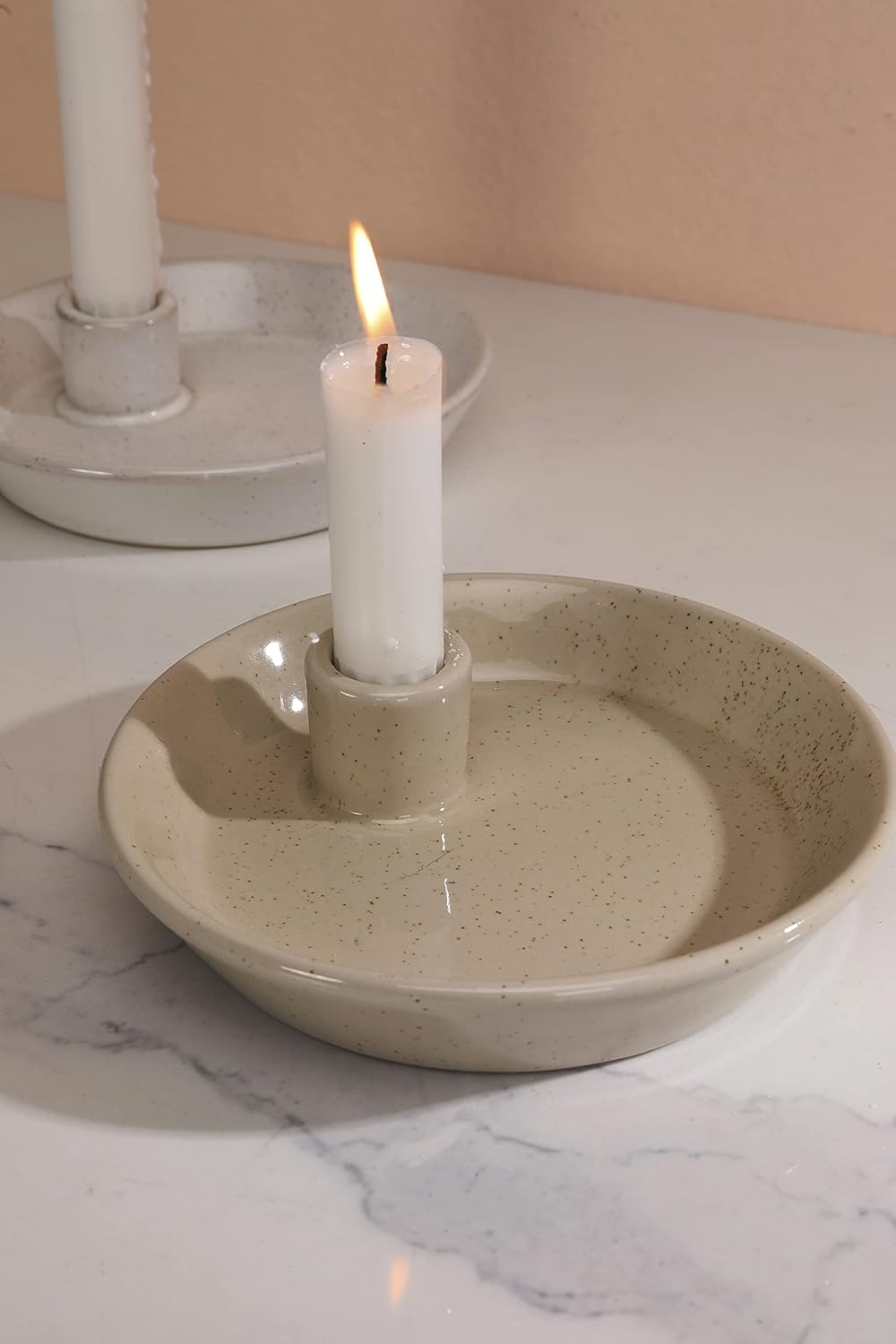 DN DECONATION Ceramic Candle Holder, Boho Candlestick Holder with Round Plate for Taper Candles, Unique Farmhouse Porcelain Candle Stick Holder for Meditation/Yoga Room Home Wedding Decor(Gray)