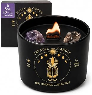 Black Crystal Candle for Women - 8oz Wood Wick Candle that Crackles with Natural Soy Wax. Luxurious Slow Burn, for Meditation. Includes Amethyst & Smokey Quartz Crystals