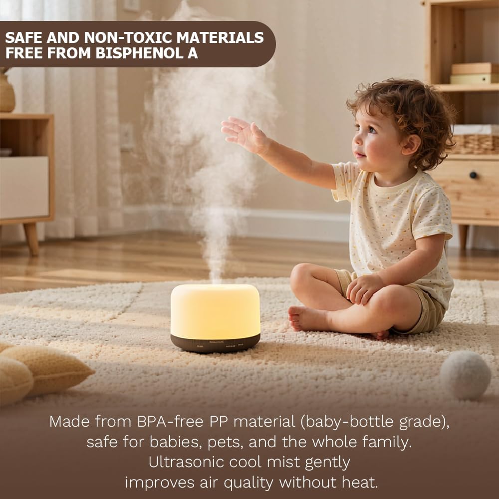 500ml Essential Oil Diffuser,Quiet 4-in-1 Ultrasonic Aromatherapy Humidifier,7 Color LED Lights,Timer & Auto-Off,BPA Free,Large Capacity Room Fragrance(Deep Woodgrain, Mini Model)