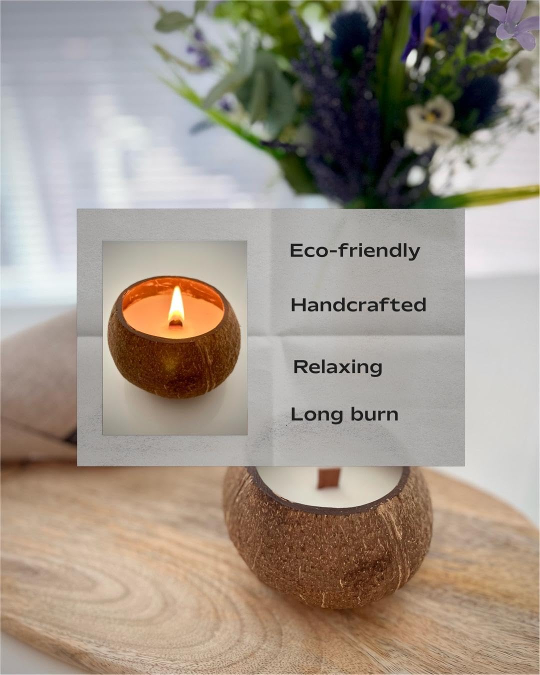 Coconut Shell Candle with Wooden Wick – Lavender Scented, 100% Natural Coconut & Soy Wax, Hand-Poured, Eco-Friendly Decorative Candle, 6oz Gift