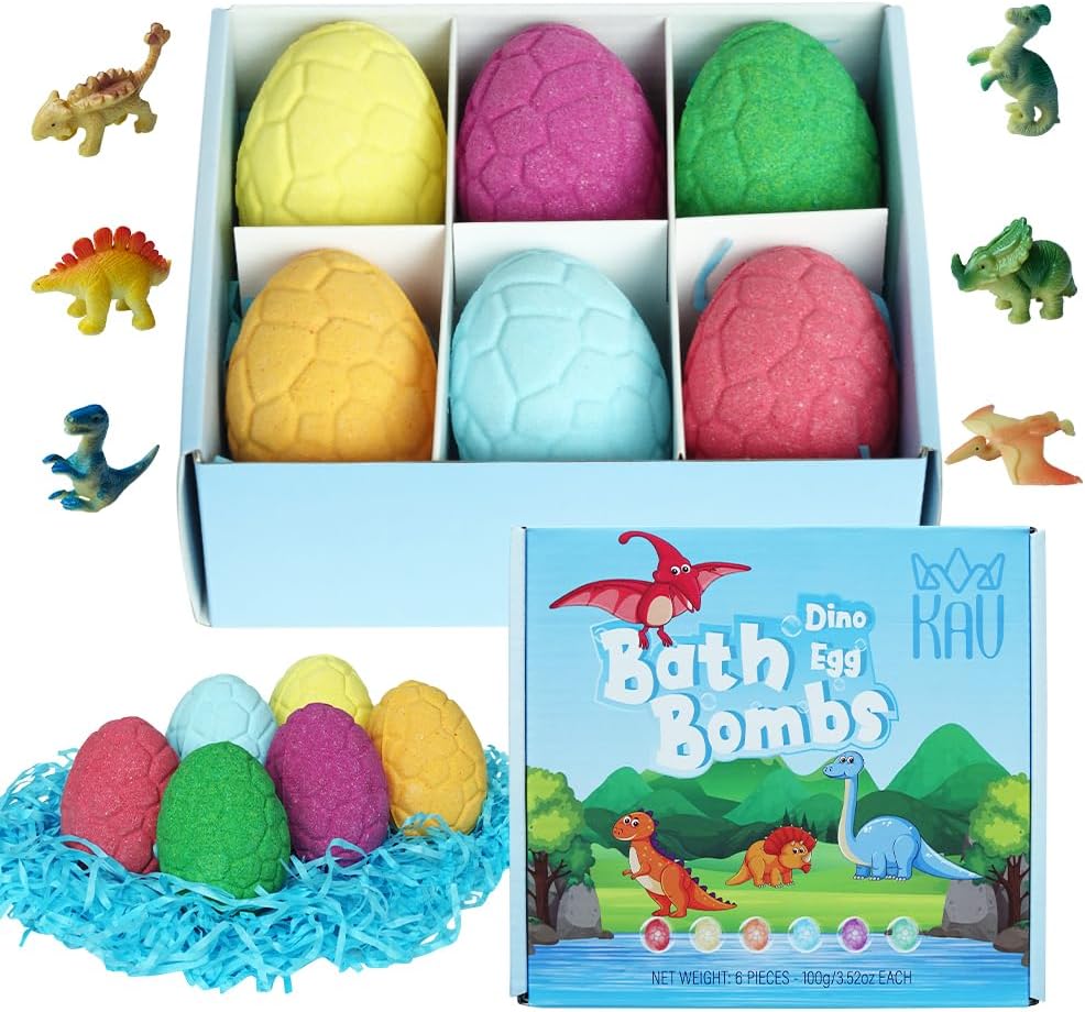 KAV Dinosaur Egg Bath Bombs for Kids – 6pc Fizzy Dino Bath Bomb Gift Set with Surprise Toy Inside – Fun Fizzy Bath Bombs for Boys & Girls, Birthday Gift, Stocking Stuffer, Kids Spa Set