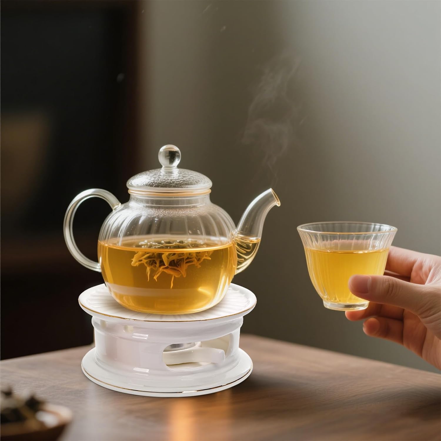 Ceramic Teapot Warmer, Gold Rim Teapot Heater with Tealight Holder, White Porcelain Tea Kettle Holder Warming Base for Heating Coffee, Milk, Water, Soup