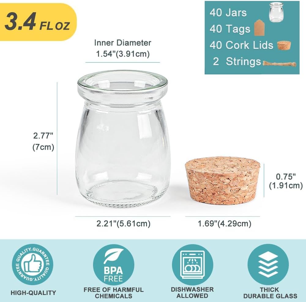 Ritayedet 40 Pack Glass Favor Jars with Cork Lid, 3.4 oz Small Glass Bottles for Wedding Favor, Baby Shower, Party Favor, Gift Jars for Candy, Bonus Twine and Labels