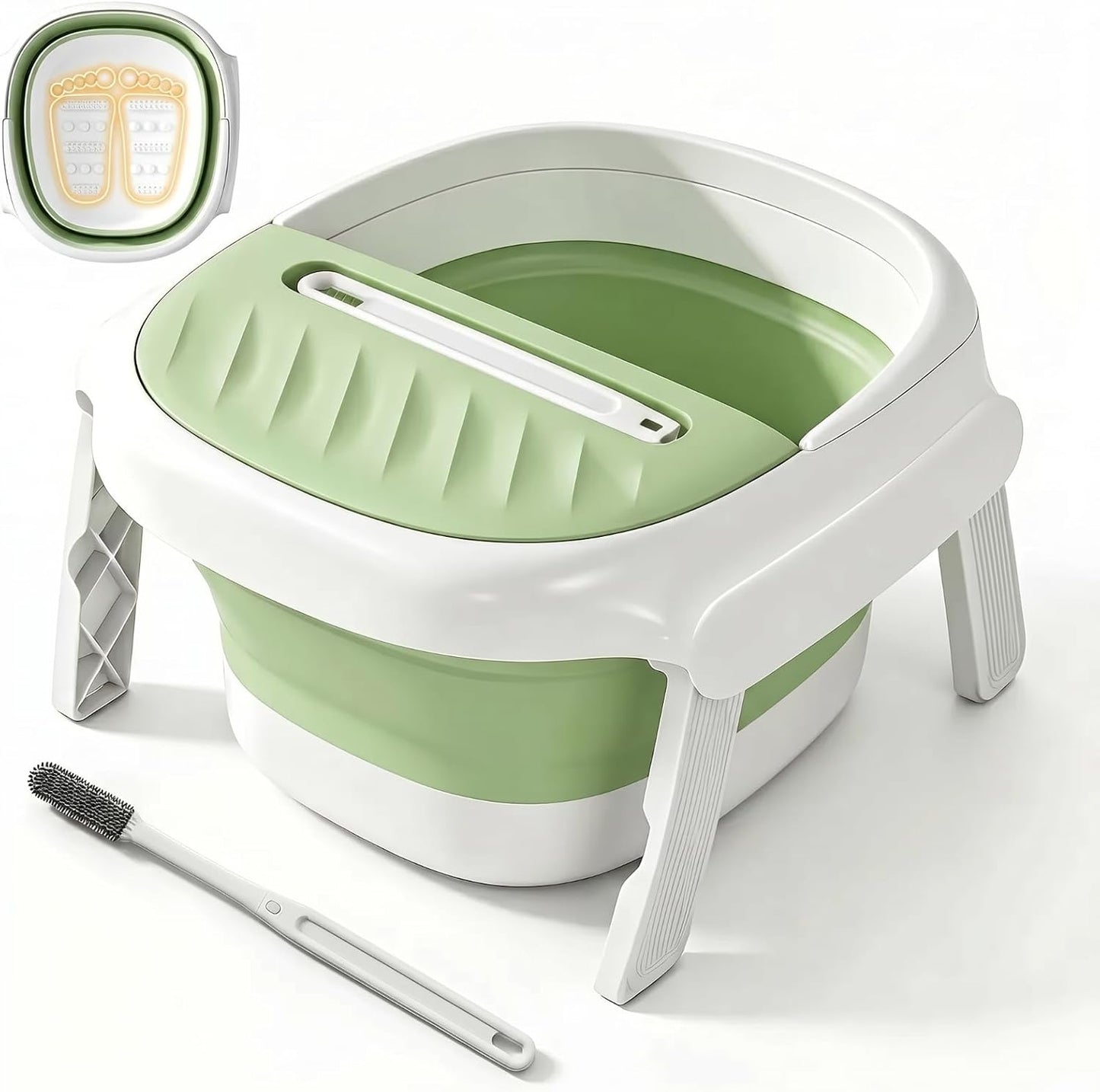 Collapsible Foot Bath Tub with Long Handle Foot Brush, Foldable Foot Soaking Tub with Insulated Lid & Sturdy Support Frame, Pedicure Foot Spa Basin for Men Women Home Travel (Green)