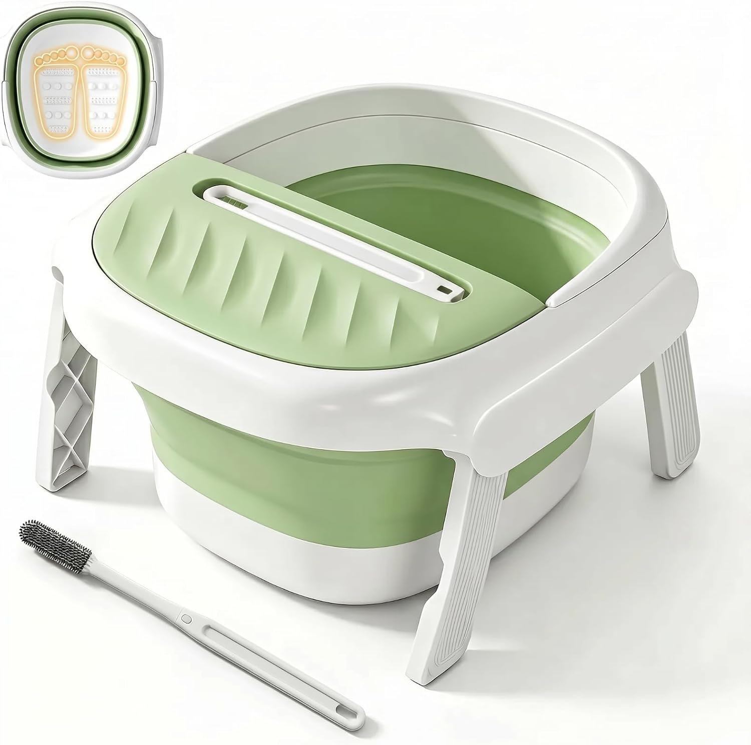 Collapsible Foot Bath Tub with Long Handle Foot Brush, Foldable Foot Soaking Tub with Insulated Lid & Sturdy Support Frame, Pedicure Foot Spa Basin for Men Women Home Travel (Green)
