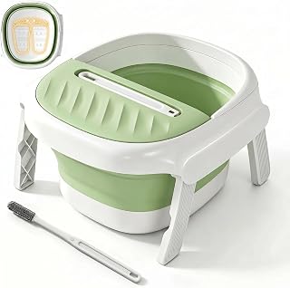 Collapsible Foot Bath Tub with Long Handle Foot Brush, Foldable Foot Soaking Tub with Insulated Lid & Sturdy Support Frame, Pedicure Foot Spa Basin for Men Women Home Travel (Green)