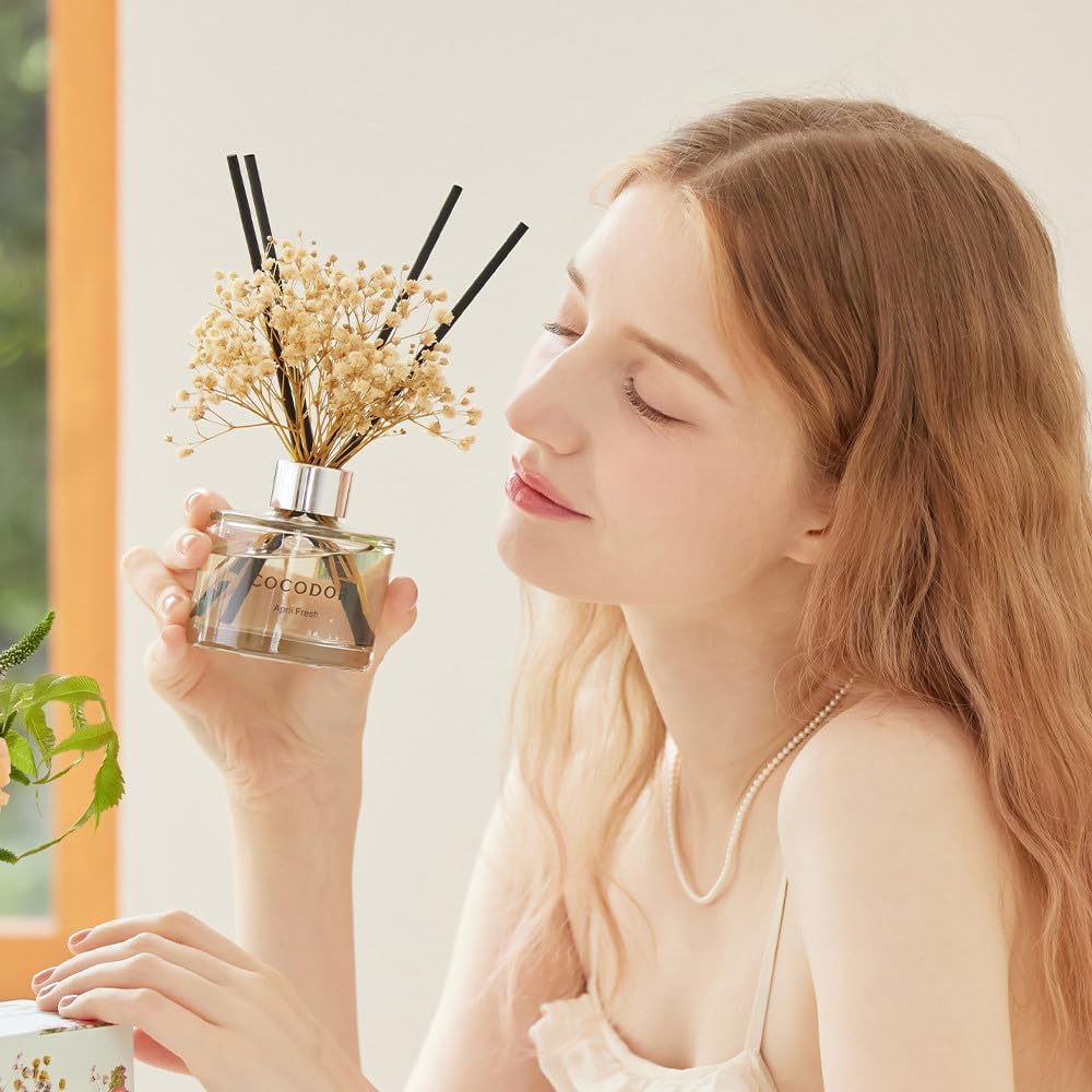 COCODOR Flower Reed Diffuser Set / 6.7oz / Clean Linen/Scent Diffuser with Sticks Home Fragrance Reed Diffuser for Bathroom Shelf Decor