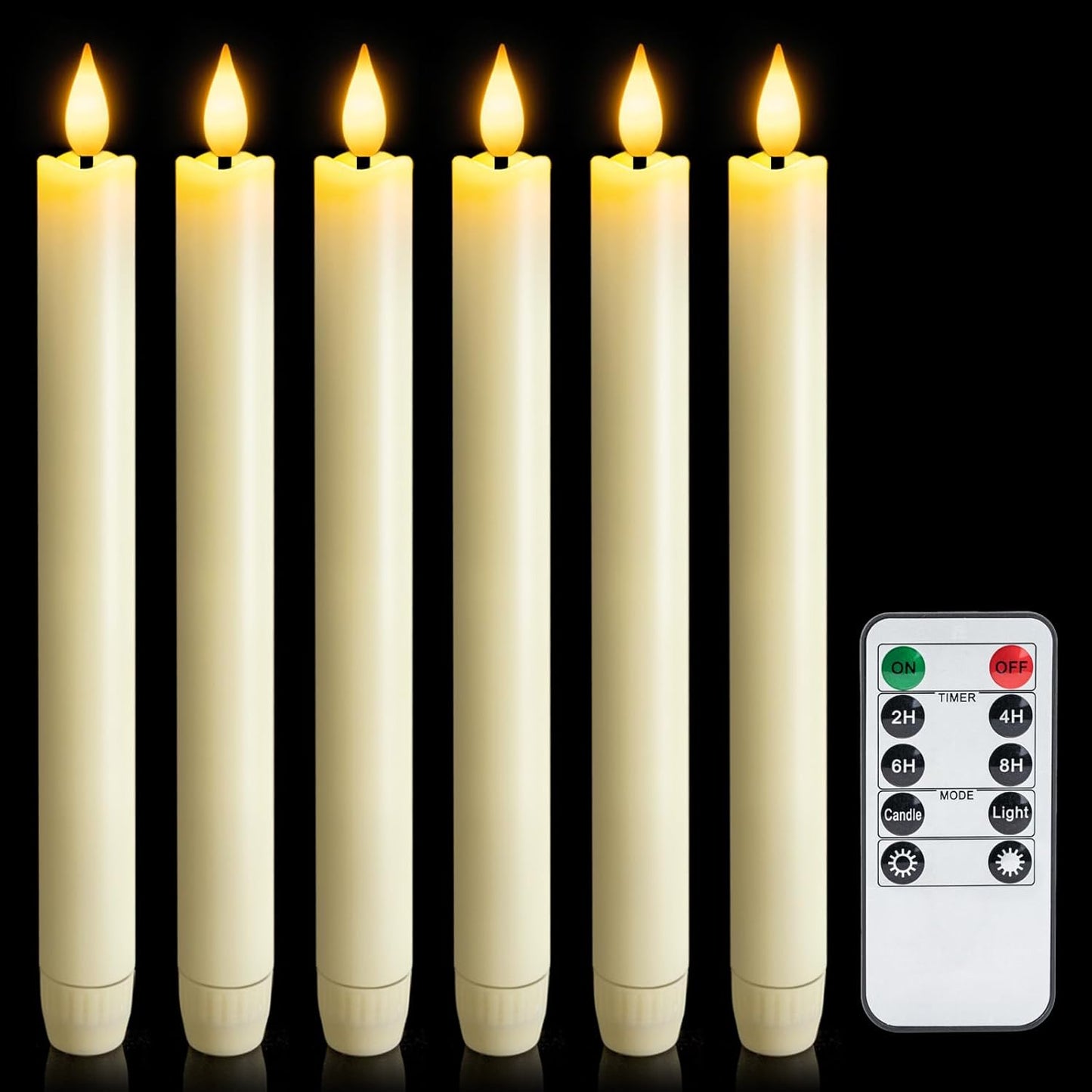 6 Pcs Flameless Taper Candles with Remote Timer Dimmer, 9.6 inches Ivory Plastic LED Candlesticks, Battery Operated LED Candles, for Indoor Home Wedding Christmas Decoration