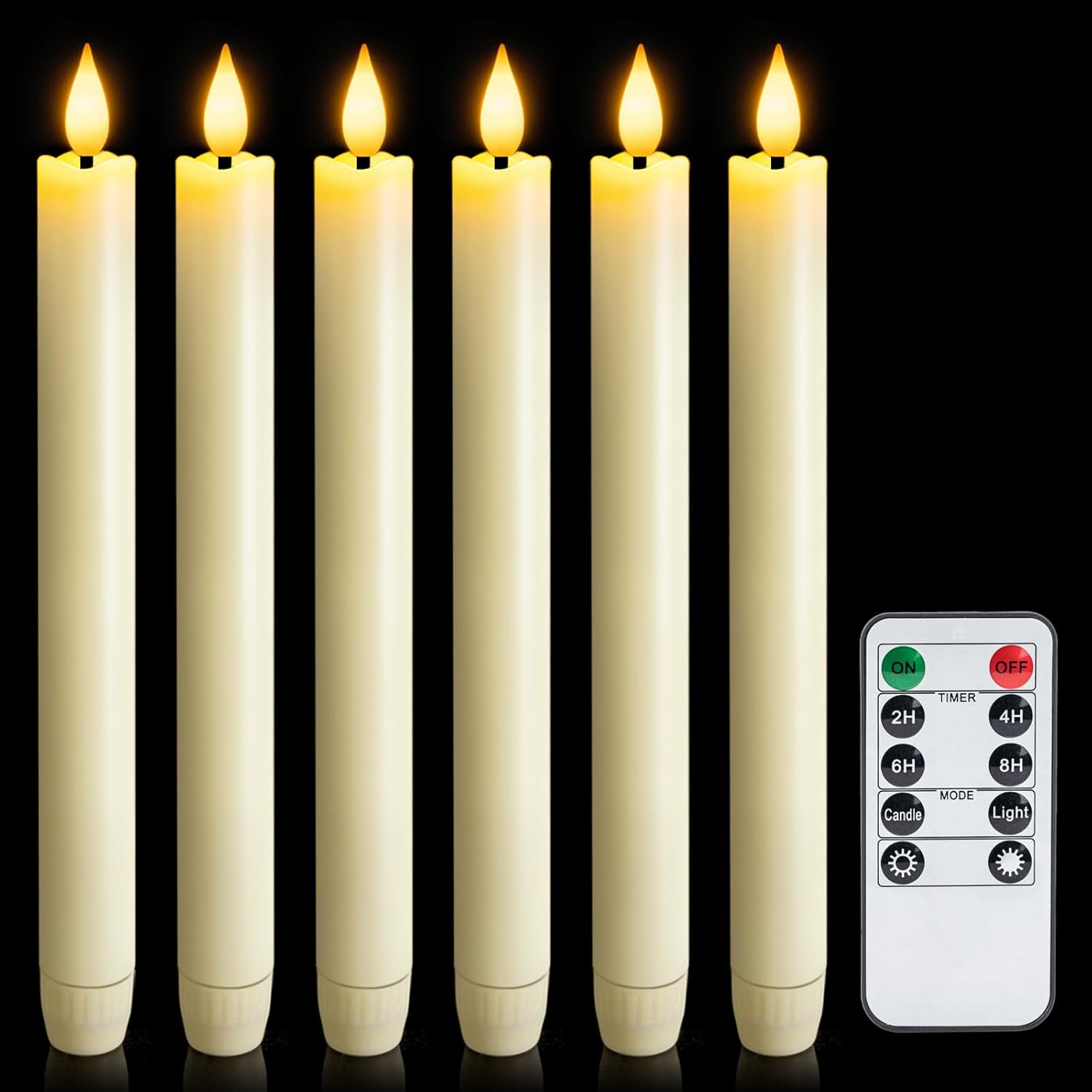 6 Pcs Flameless Taper Candles with Remote Timer Dimmer, 9.6 inches Ivory Plastic LED Candlesticks, Battery Operated LED Candles, for Indoor Home Wedding Christmas Decoration