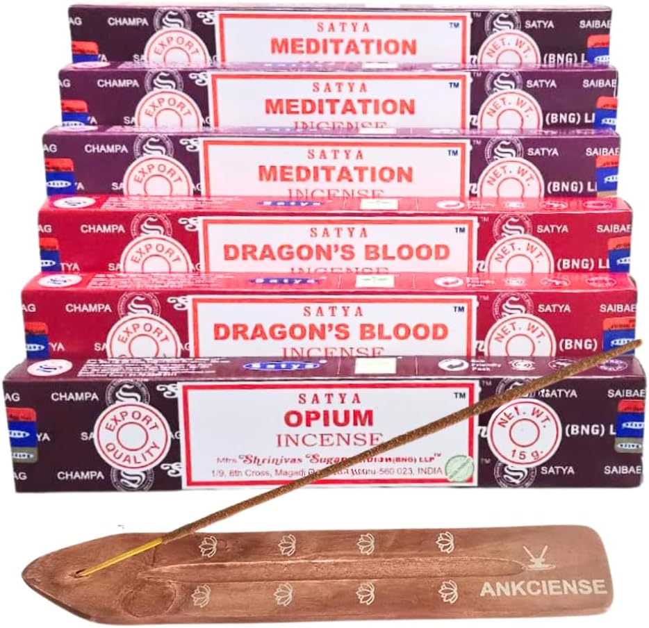 Satya with ANKCIENSE Incense Holder Pack of 3 fragrances Variety Pack of 90 Sticks. Meditation, Dragon Blood & Opium Insense Insence
