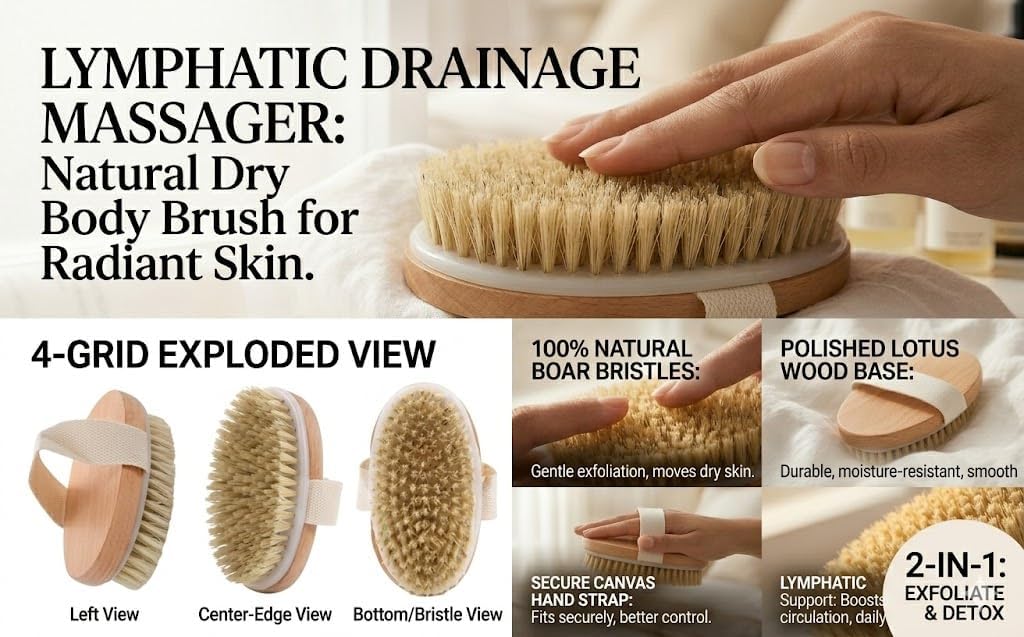 Dry Brushing Body Brush Set 2 Pack — Natural Boar Bristle Exfoliating Brush for Lymphatic Drainage, Cellulite, Blood Circulation & Glowing Skin | Fabric Strap Handle, Wet & Dry Use