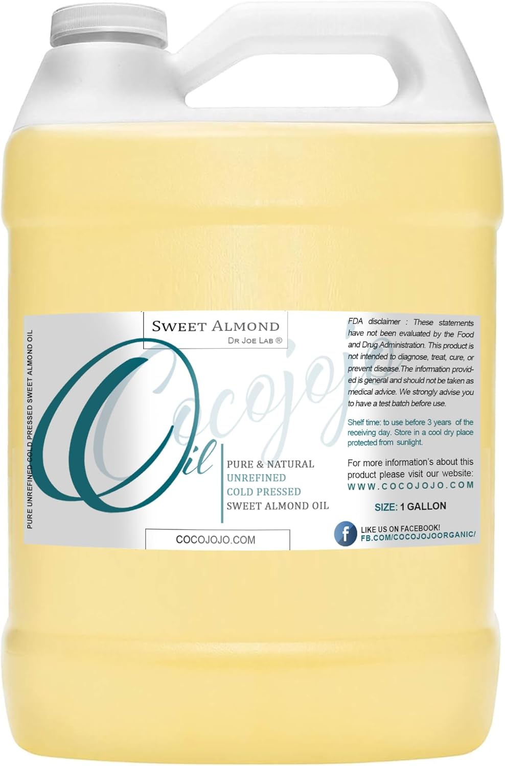 Sweet Almond Oil 1 Gallon 100% Pure Natural Cold Pressed Unrefined Extra Virgin 128 fl oz - for Hair Skin Body Nail and Beard Carrier Oil for Essential Oils - Moisturizing, Hydrating, & Nourishing
