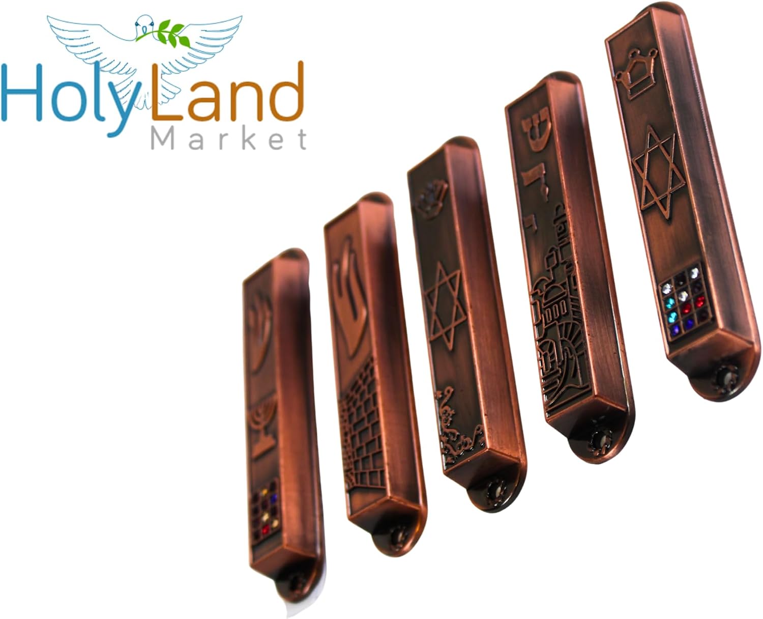 Holy Land Market A Set of 5 Clean and Smooth Cut Mezuzahs Symbols with Different enameled Themes. Each is About 3.5 Inches and Comes with Scrolls and Screws for Hanging (Copper)