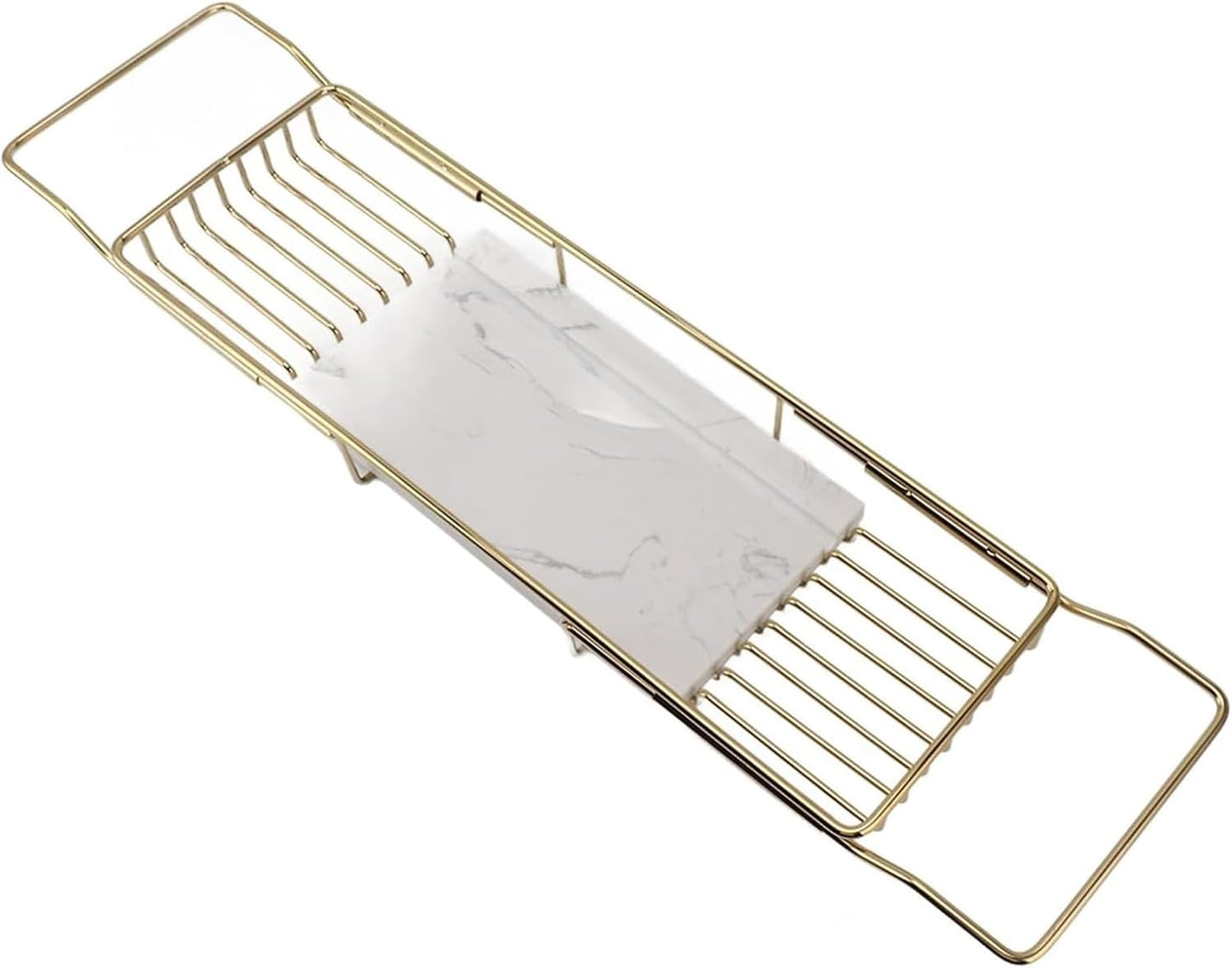 Expandable Bathtub Tray Caddy with Natural Marble Board & Stainless Steel Frame - Versatile Bathroom Rack for Books Wine Tablets - Fits Most Tubs Perfect for Relaxation-Gold