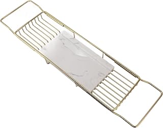 Expandable Bathtub Tray Caddy with Natural Marble Board & Stainless Steel Frame - Versatile Bathroom Rack for Books Wine Tablets - Fits Most Tubs Perfect for Relaxation-Gold
