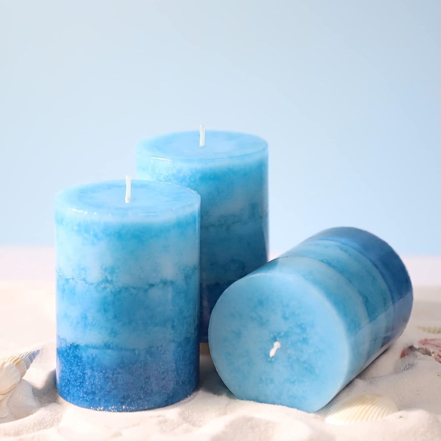 Blue Pillar Candles for Home Scented, Set of 3 Strong Ocean Fragrance Scented Candles, 50+ Hrs Long Burning Candles Set