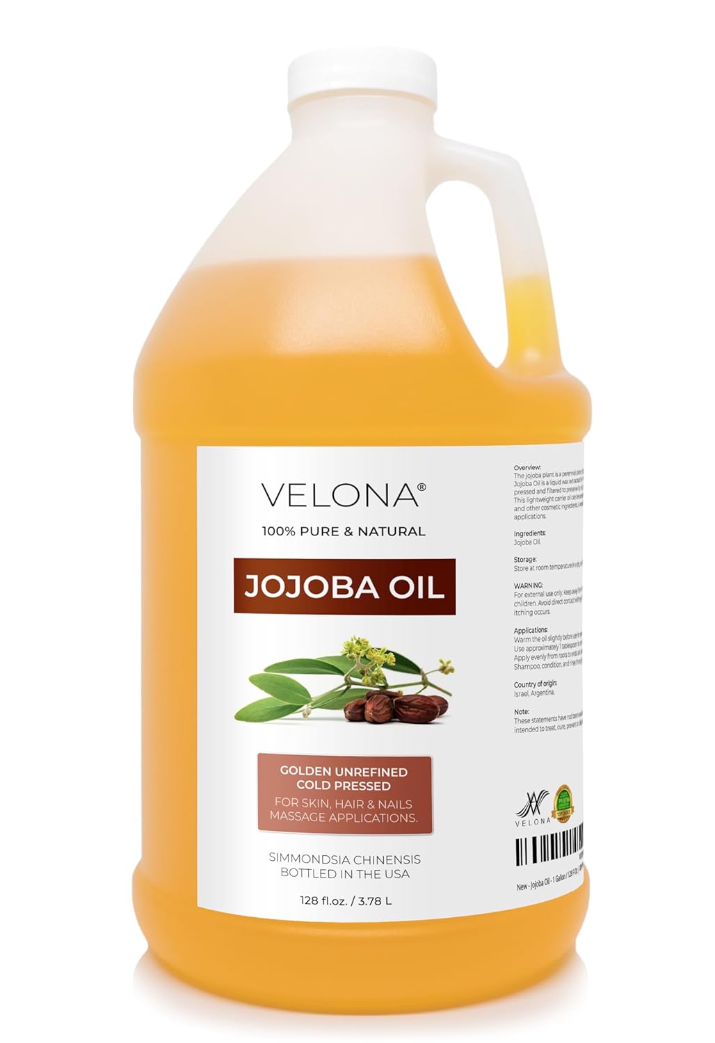 velona Jojoba Oil - 1 Gallon / 128 Fl Oz | 100% Pure and Natural | Golden, Unrefined, Cold Pressed, Hexane Free | Moisturizing Face, Hair, Body, Skin Care, Cuticles