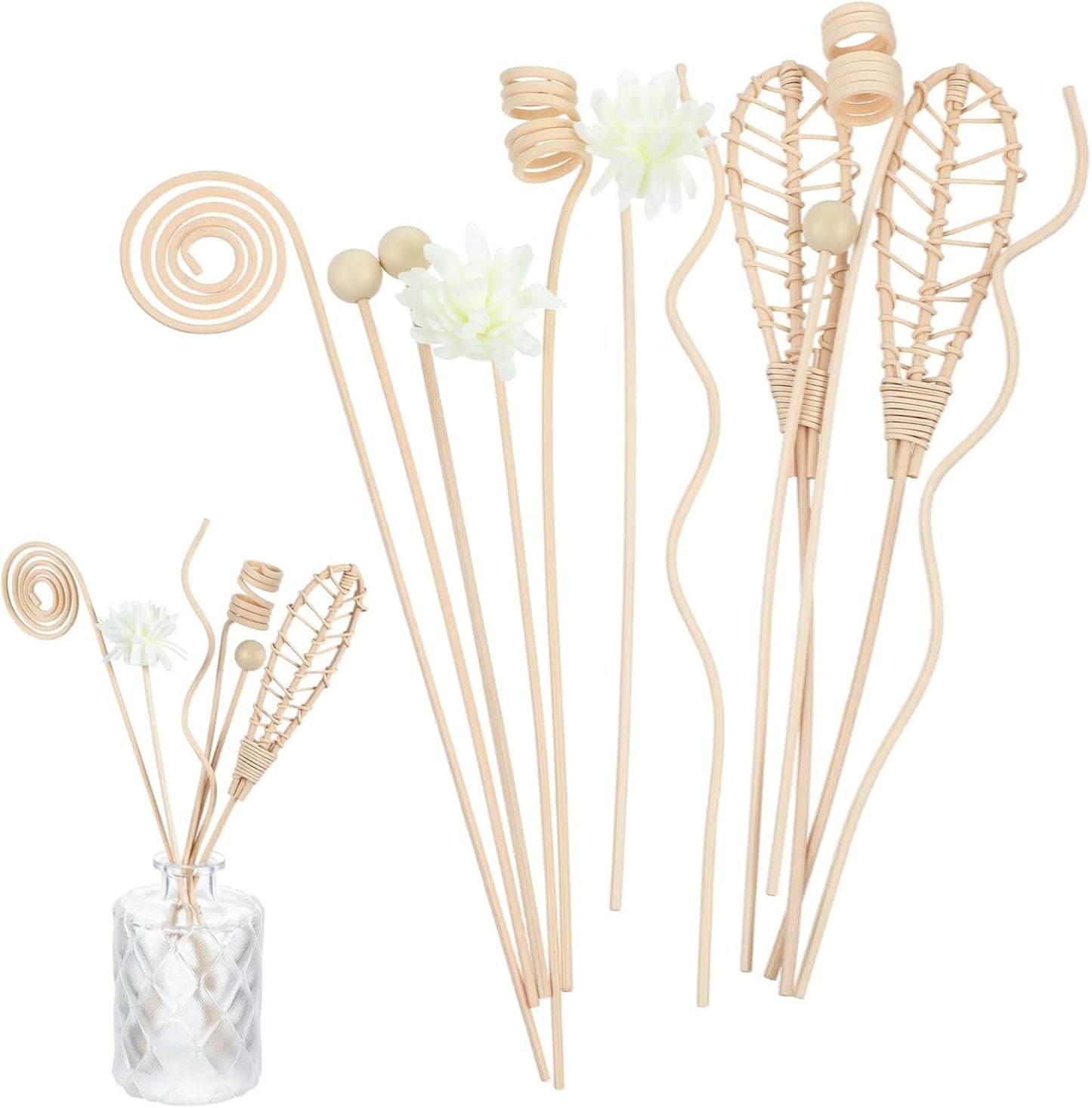 12 PCS Reed Diffuser Stick Rattan Flower Reed Fragrance Diffusers Set, 6 Style Natural Rattan Wood Oil Diffuser Sticks Replacement Refill Sticks for Living Room, Bathroom, Bedroom, Office, Home Decor
