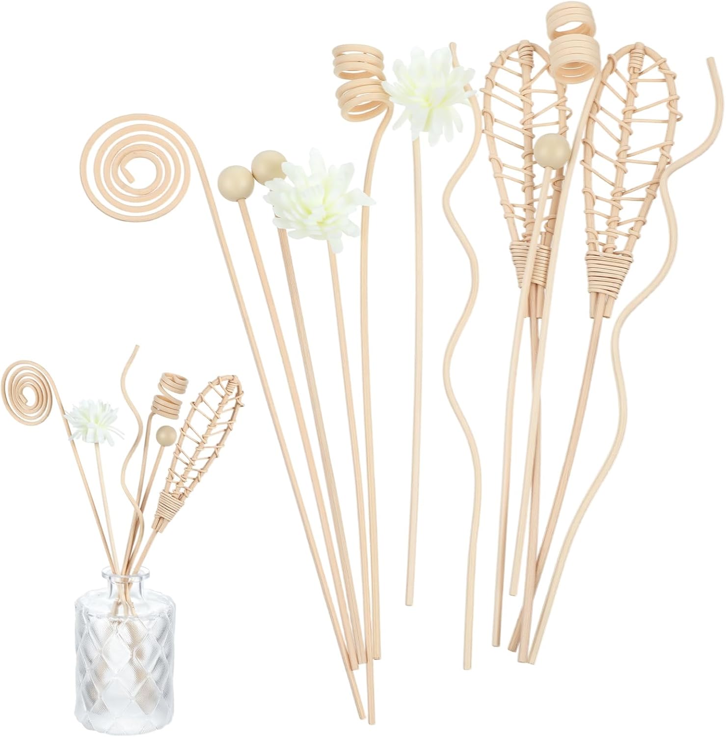 12 PCS Reed Diffuser Stick Rattan Flower Reed Fragrance Diffusers Set, 6 Style Natural Rattan Wood Oil Diffuser Sticks Replacement Refill Sticks for Living Room, Bathroom, Bedroom, Office, Home Decor