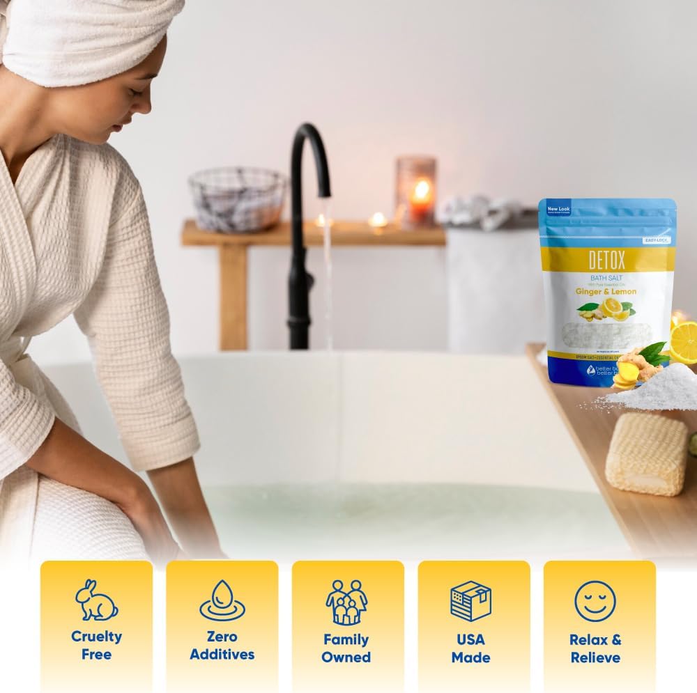 Detox Bath Salt 32 Ounces (2 Lbs) USP Grade Epsom Salt with Natural Ginger and Lemon Essential Oils Plus Vitamin C in BPA Free Pouch with Easy Press Lock Seal Made in USA
