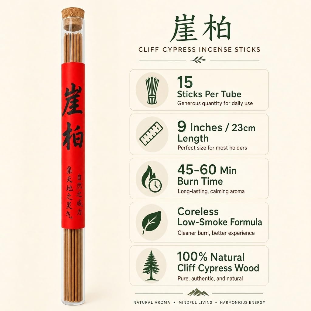 15 Sticks Rare Cliff Cypress Incense – Natural Hinoki-Style, Low Smoke, Woody Aromatherapy for Meditation, Yoga &amp; Home Spa