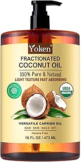 Yoken USDA Certified Fractionated Coconut Oil for Skin 16 Oz, Organic Liquid Coconut oils, Moisturizer for Hair, Face, Body, Carrier oil for Essential Oils Mixing, Massage, Hexane Free, Unscented