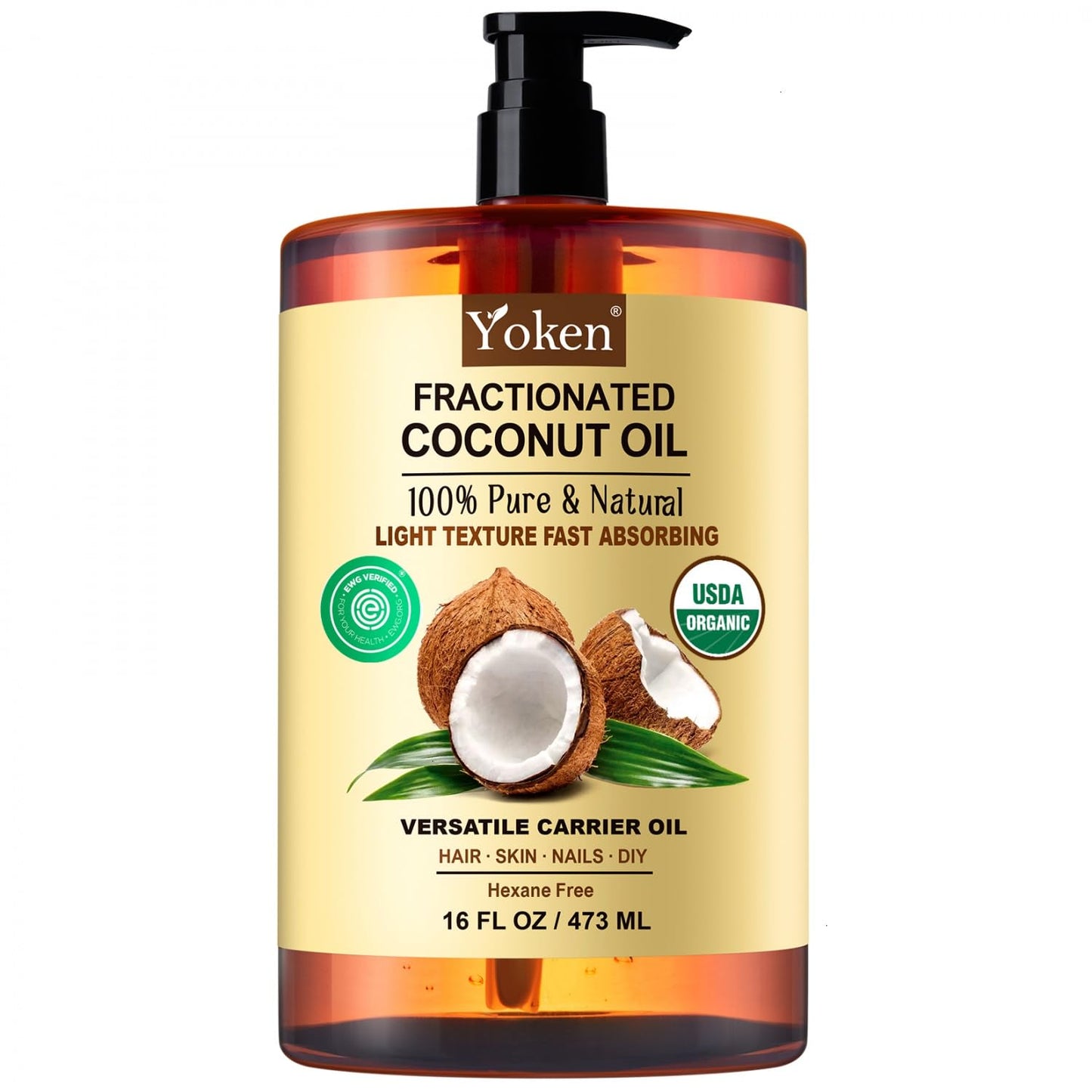 Yoken USDA Certified Fractionated Coconut Oil for Skin 16 Oz, Organic Liquid Coconut oils, Moisturizer for Hair, Face, Body, Carrier oil for Essential Oils Mixing, Massage, Hexane Free, Unscented