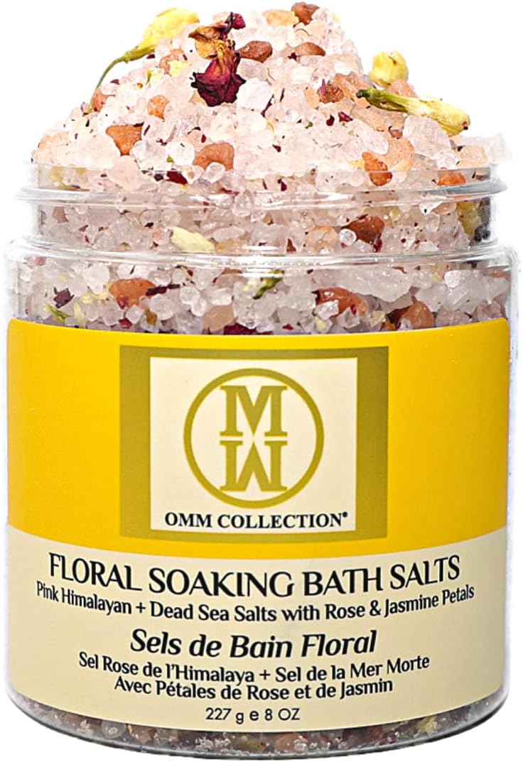 OMM Collection Natural Floral Soaking Bath Salt - Detox Body & Foot Soak - Bath Salt with Rose & Jasmine Petals - Pink Himalayan & Dead Sea Salt Flakes - Relaxing Bath Soak (Jasmin Rose)