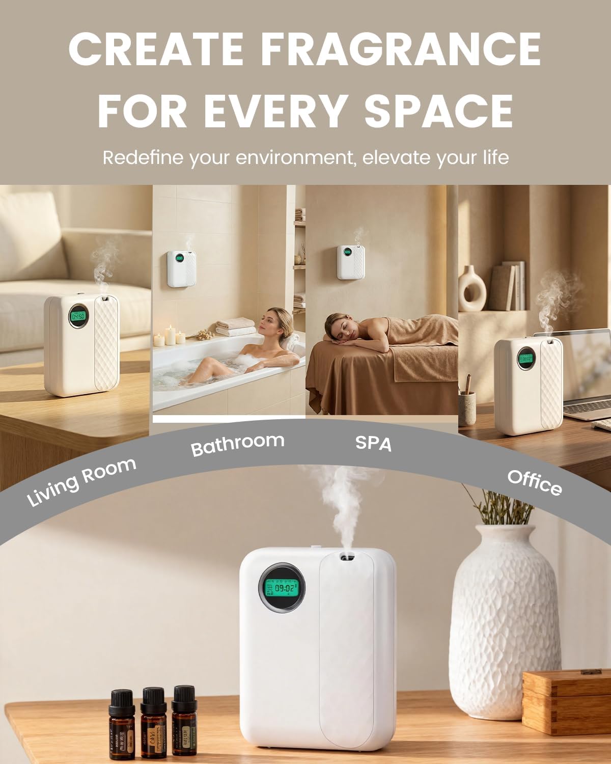 RoyAroma Waterless Essential Oil Diffuser for Home, Smart Scent Air Machine with Bluetooth App Control, Cold Air Diffuser for Large Rooms Up to 2000 Sq Ft, Wall Mount & Tabletop