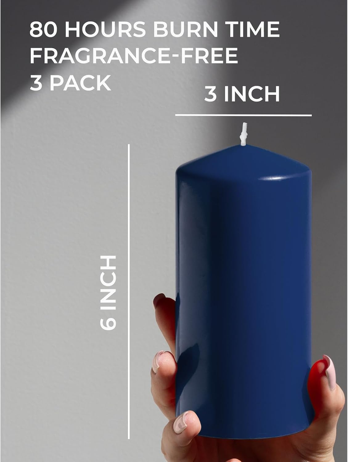 Candwax 3x6 Pillar Candles Set of 3 - Navy Blue Candles Pillar - 80-Hour Burn Time Self-Extinguishing Long Lasting Candles for Home Decor - Cone-Top Dark Blue Pillar Candles