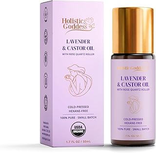 Holistic Goddess Organic Lavender & Castor Oil Roll-On with Rose Quartz Roller – Calming Night Ritual Oil for Stressed Skin & Visible Redness, 1.7 fl oz (50ml)