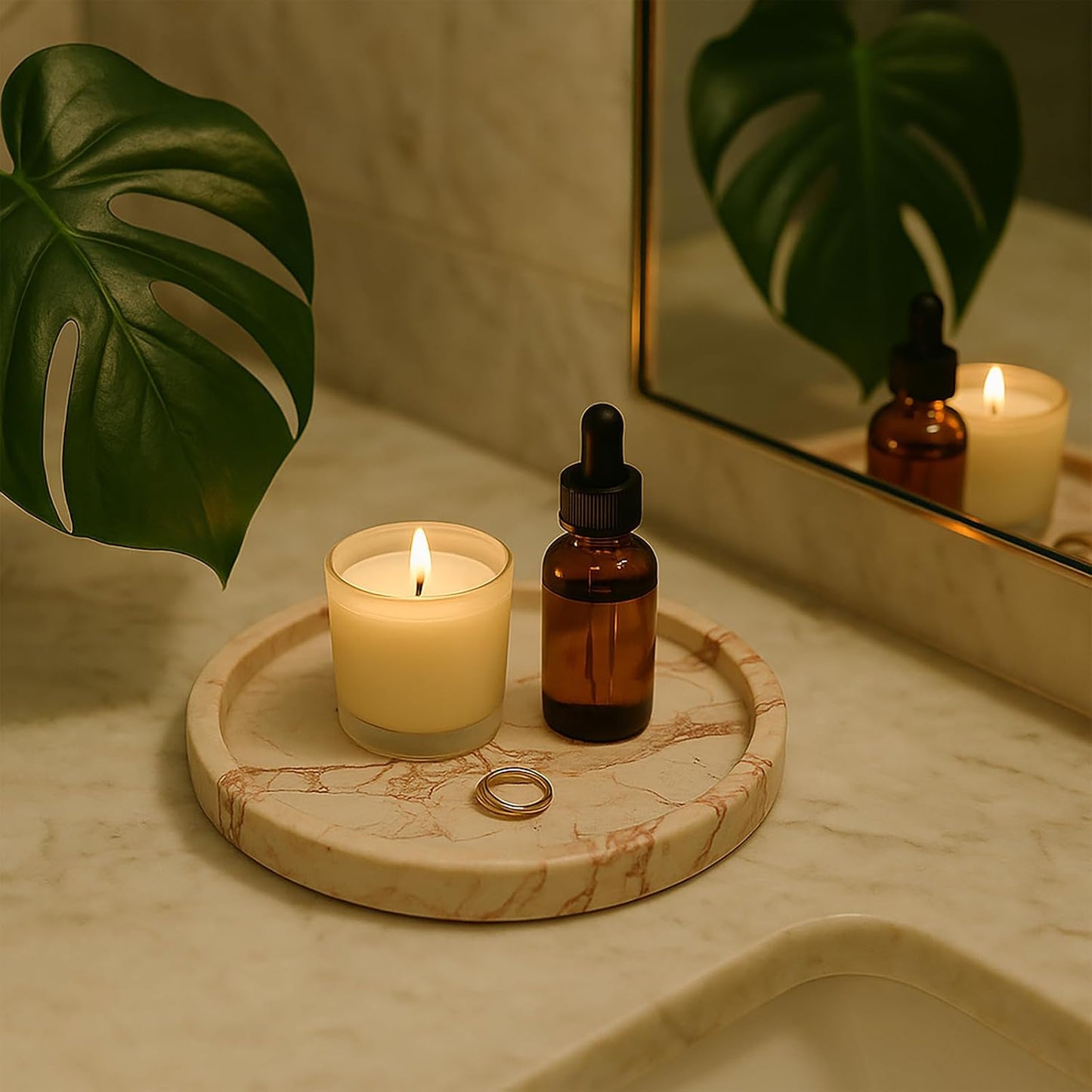 Luxury Real Marble Tray, Natural Round Vanity Tray for Perfume, Jewelry, Candle, Bathroom or Kitchen, 10in Stone Organizer Dish, Jade Bloom