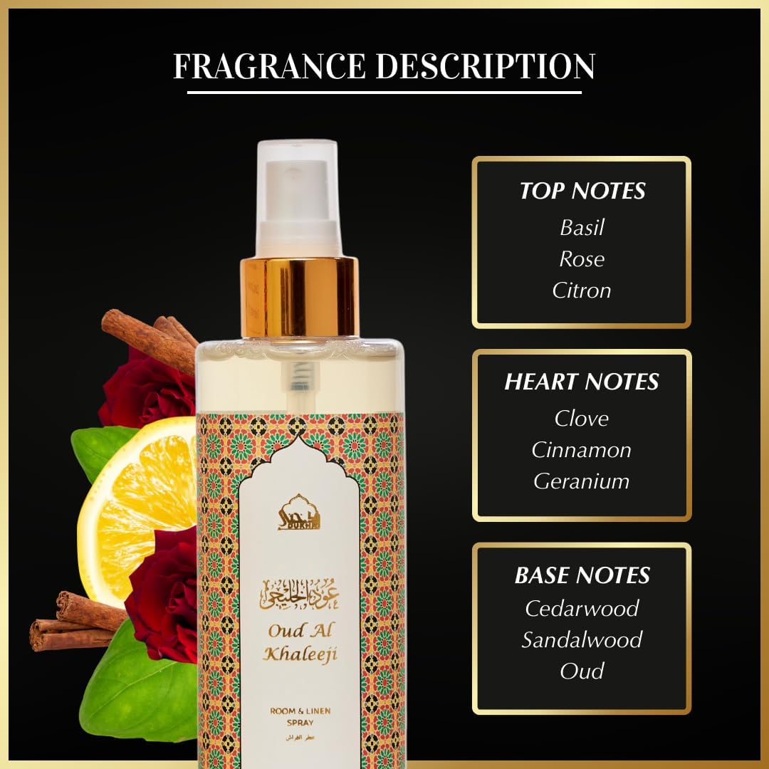 Oud al Khaleeji Arabic Room Spray by Dukhni | 250ml Oud fragrance Air Freshener, Attar al Faraash for home & prayer mats | Bed linen, Sofa Mist, natural home scent, curtain spray, odour eliminator