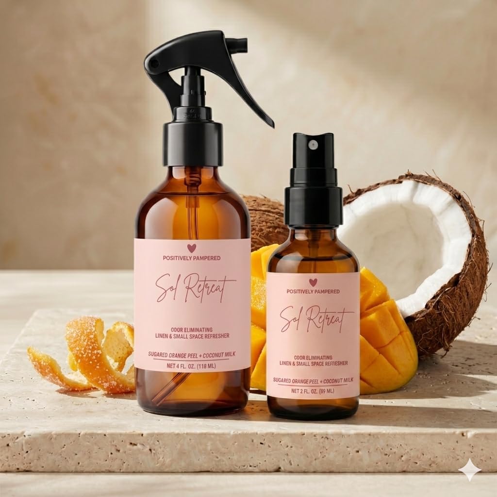 Sol Retreat Luxury Small Space Air & Linen Freshener Spray - Sugared Mango + Coconut Milk - Artisan Blended Home Fragrance - Non Toxic Room Spray + Odor Eliminator - 2 oz Travel Size
