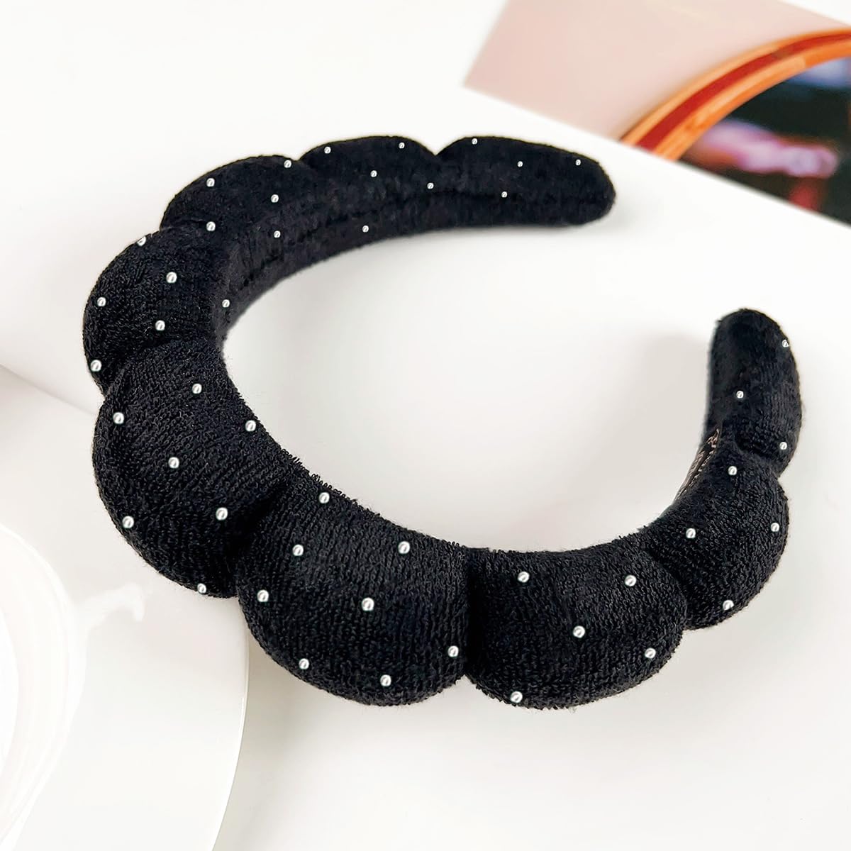 Spa Headbands Puffy Makeup Skincare Headbands for Washing Face or Facial, Terry Cloth Fabric Hairbands for Makeup Removal Shower Skin Treatment(Black, Rhinestone)
