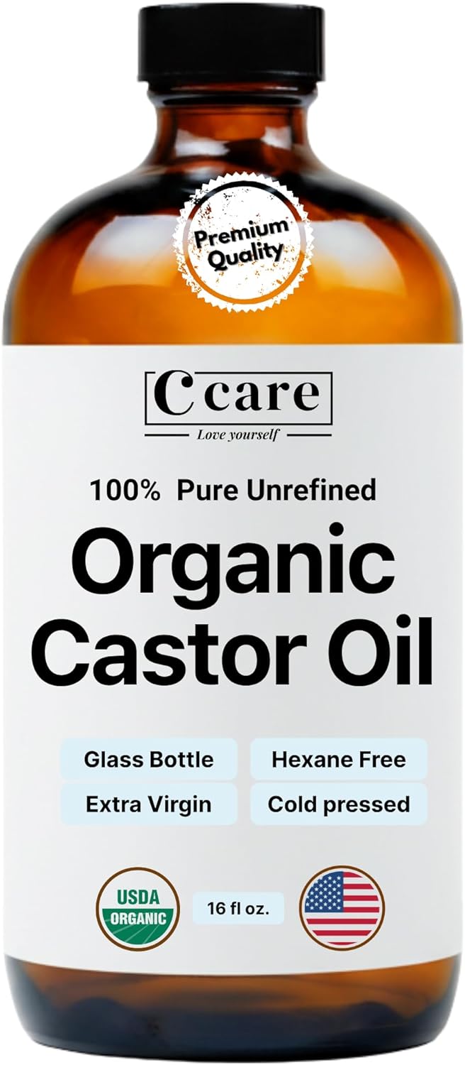 Castor Oil 100% Pure Organic Cold Pressed Unrefined Glass Bottle | USDA Certified Organic | Hexane Free Extra Virgin | for Hair Growth Eyebrows Eyelashes Skin and Castor Oil Pack Wrap | 16oz