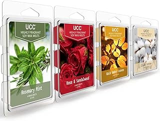 UCC Wax Melts, Soy Wax Cubes Strong Scent Long Lasting Premium Scented Mix Melts Tarts-Rosemary Mint, Rose & Sandalwood, Gold Amber Leaves, Clean Cotton - 4 Pack