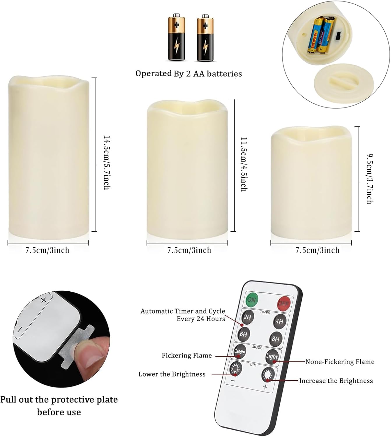 Flameless Candles 4" 5" 6" Outdoor Indoor Pillars Battery Operated Flickering Candles Include 10-Key Remote Timer 400+ Hours by 2 AA Batteries (Ivory Candle - Warm light, 3"D x 4"|5"|6" H - 3 Pack)