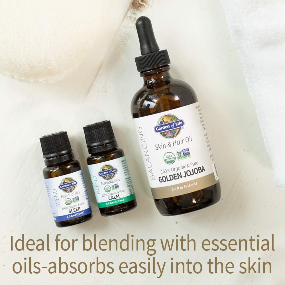 Garden of Life Jojoba Oil 100% Organic & Pure Golden Jojoba Oil for Hair, Skin and Face - Cold Pressed Body Oil, Massage, or Use as a Carrier Oil for Making Lip Balms & Body Butters, 4 fl