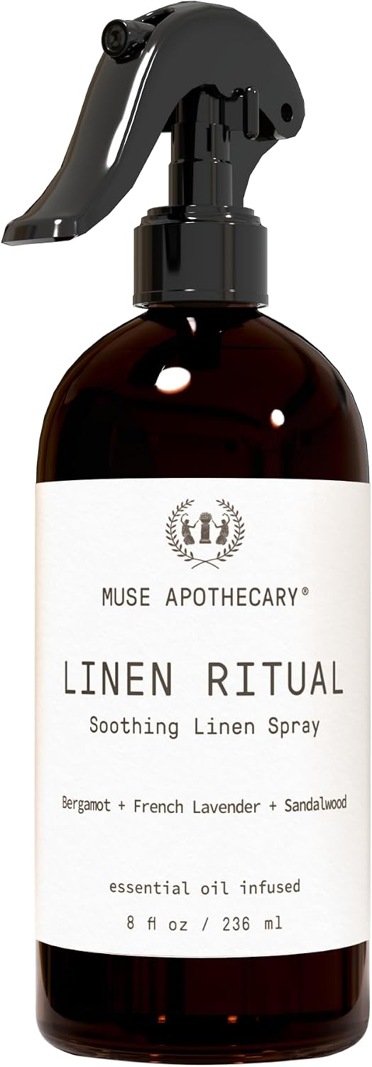 Muse Apothecary Linen Ritual - Aromatic, Soothing, and Relaxing Linen Mist, Laundry and Fabric Spray - Infused with Aromatherapy Essential Oils - 8 oz, Bergamot + French Lavender + Sandalwood