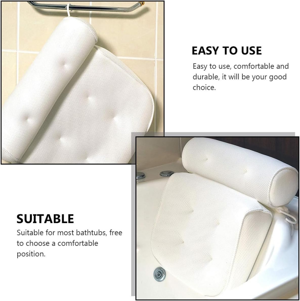 Spa Bath Pillow with 6 Suction Cups, 3D Mesh Cloth Tub Head Support and Bathtub Neck Cushion for Adults, Ergonomic Non-Slip Bathtub Pillow for Relaxing Soaking and Shower Use