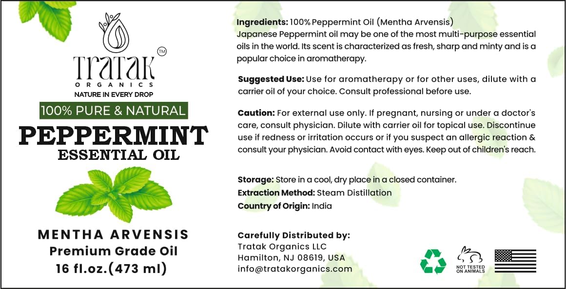 16 fl oz - Peppermint Essential Oil 100% Pure, Uncut and Natural, 16 fl oz - Peppermint Essential Oil for Aromatherapy, Diffuser, Hair Care, Skin Massage - with Dropper